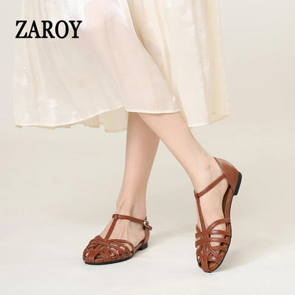 Women's Flat Roman Sandals – Woven Cage Cross Strap