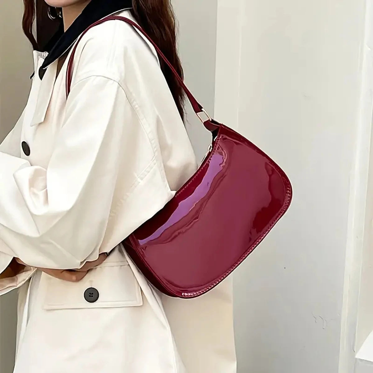 Patent Leather Shoulder Bag – Retro Underarm Handbag for Women