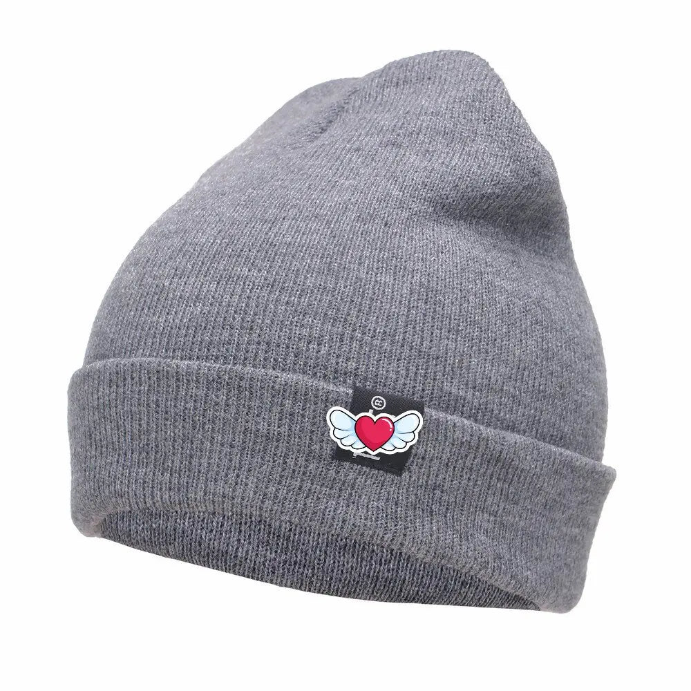 Winter Knit Beanie with Heart Wing Embroidery – Warm Cuffed Hat