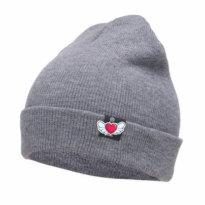 Winter Knit Beanie with Heart Wing Embroidery – Warm Cuffed Hat