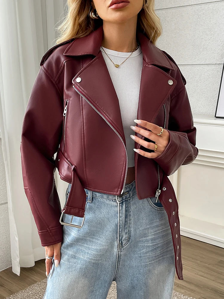 Women's Faux Leather Moto Jacket with Belt – Short Biker Style