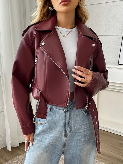 Women's Faux Leather Moto Jacket with Belt – Short Biker Style