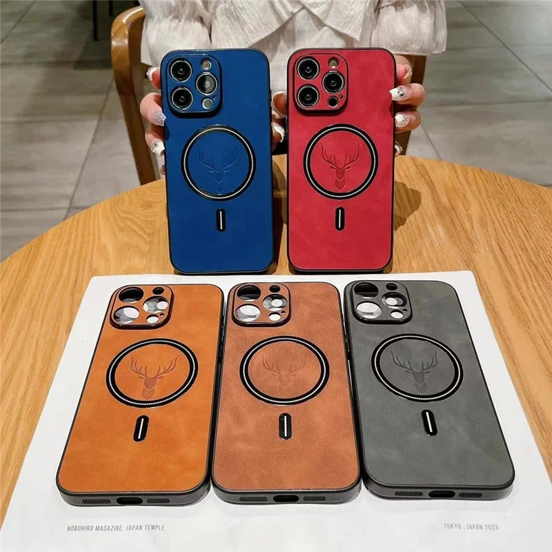 Magnetic Wireless Charge Phone Case Iphone 16 15 14 13 12 11 Pro Max Deer Head Leather Soft