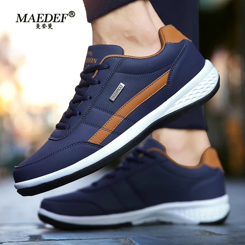 Men's Waterproof Leather Sneakers – Casual Lace-Up Vulcanized Shoes