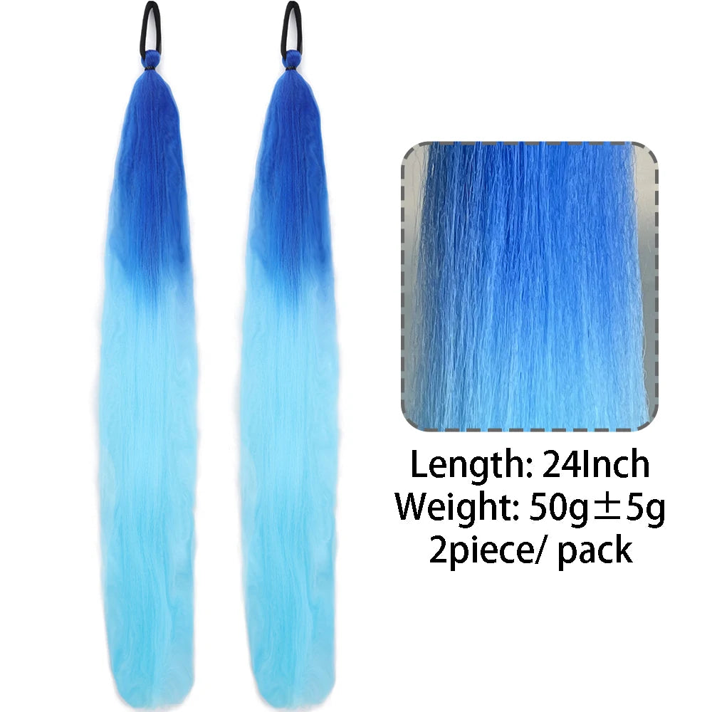 Synthetic Colorful Ponytail Extension 2pcs Long Straight Diy Braided Pony Tail Hairpiece Rubber Band