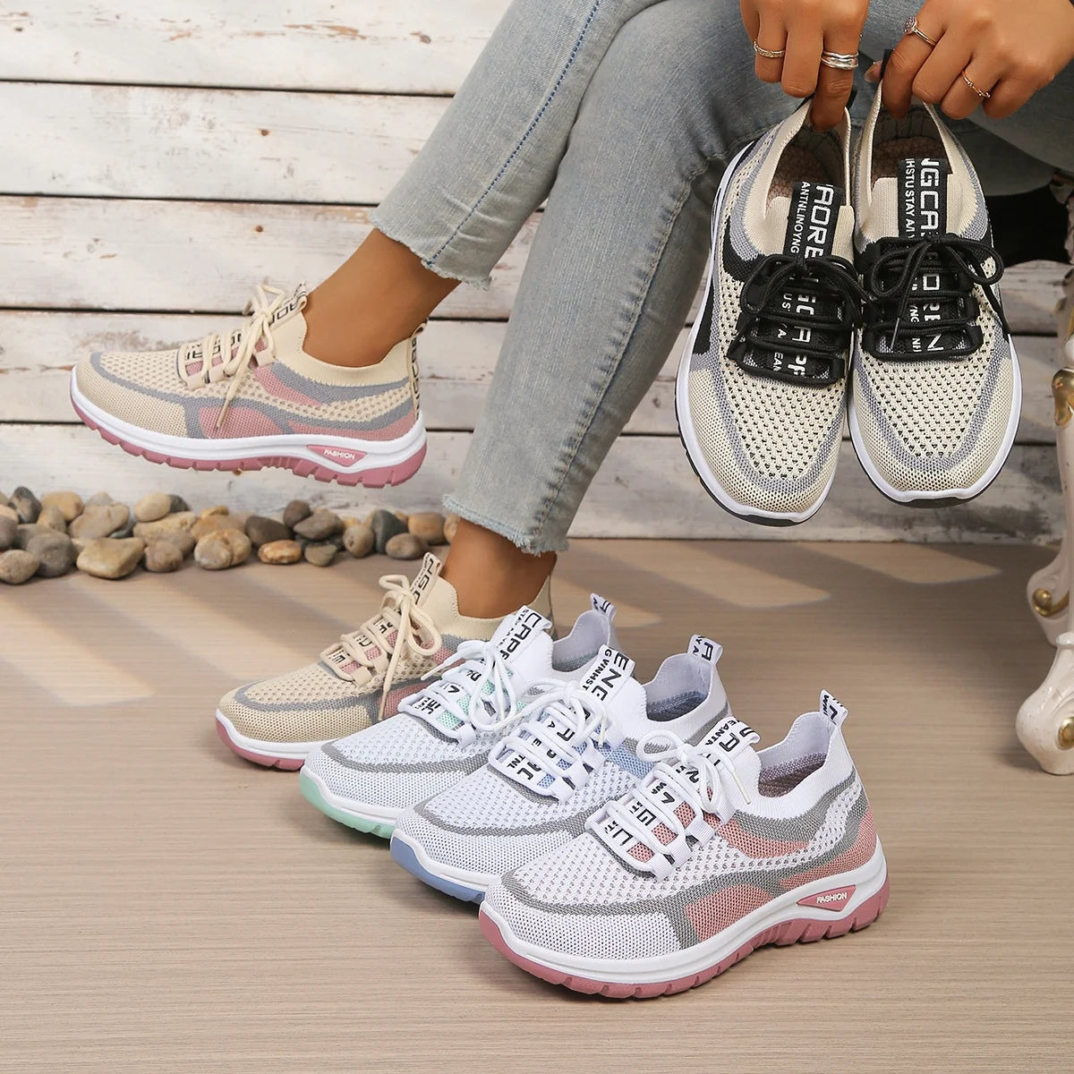 Women's Two-Tone Mesh Knit Sneakers – Casual Lace-Up Fashion Shoes