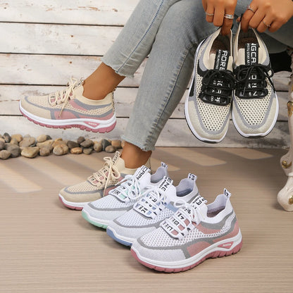 Women's Two-Tone Mesh Knit Sneakers – Casual Lace-Up Fashion Shoes