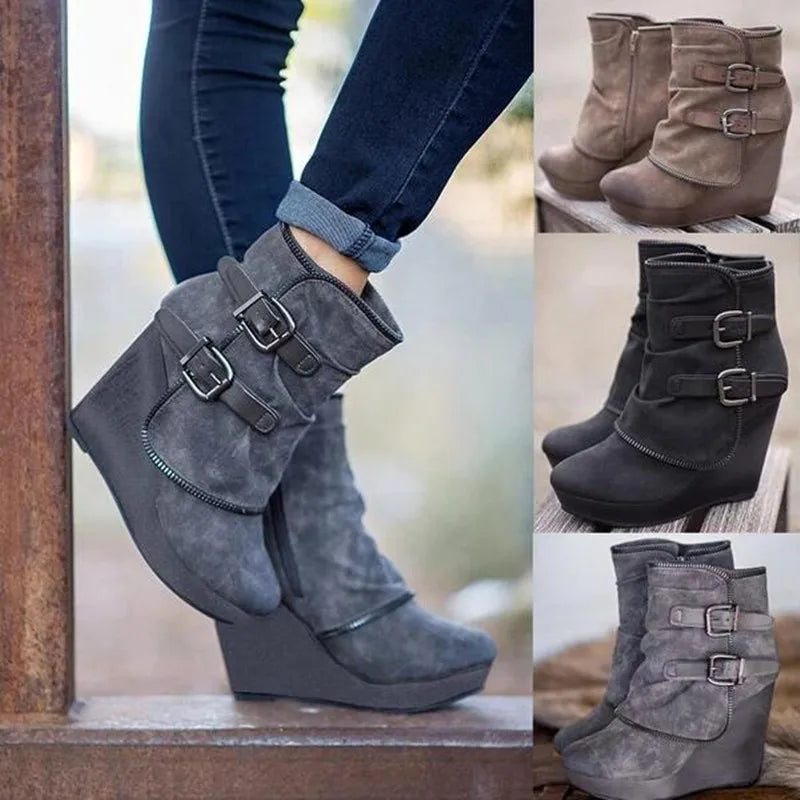 Women's Wedge Ankle Boots Retro Buckle Platform Chunky Heel Zip-Up