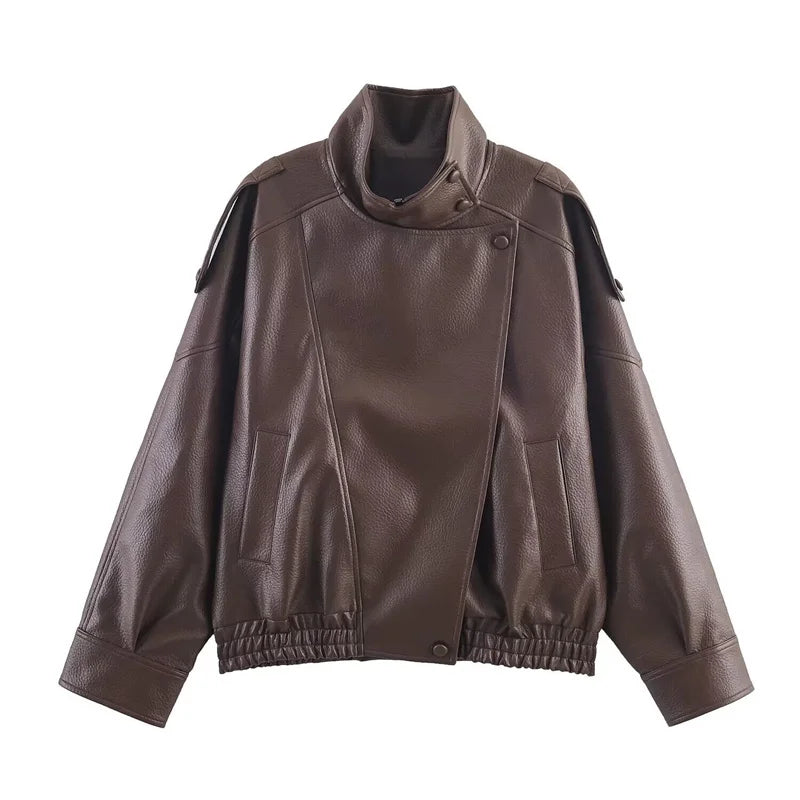 Women's Faux Leather Motorcycle Jacket Long Sleeve