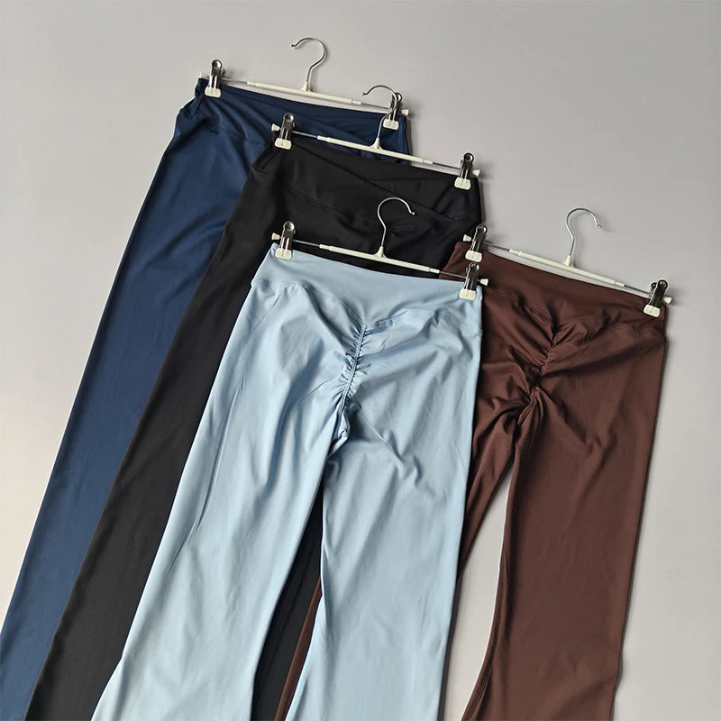 Women's Cross Waist Flare Yoga Pants – Booty Lifting Leggings with Ruffle Detail