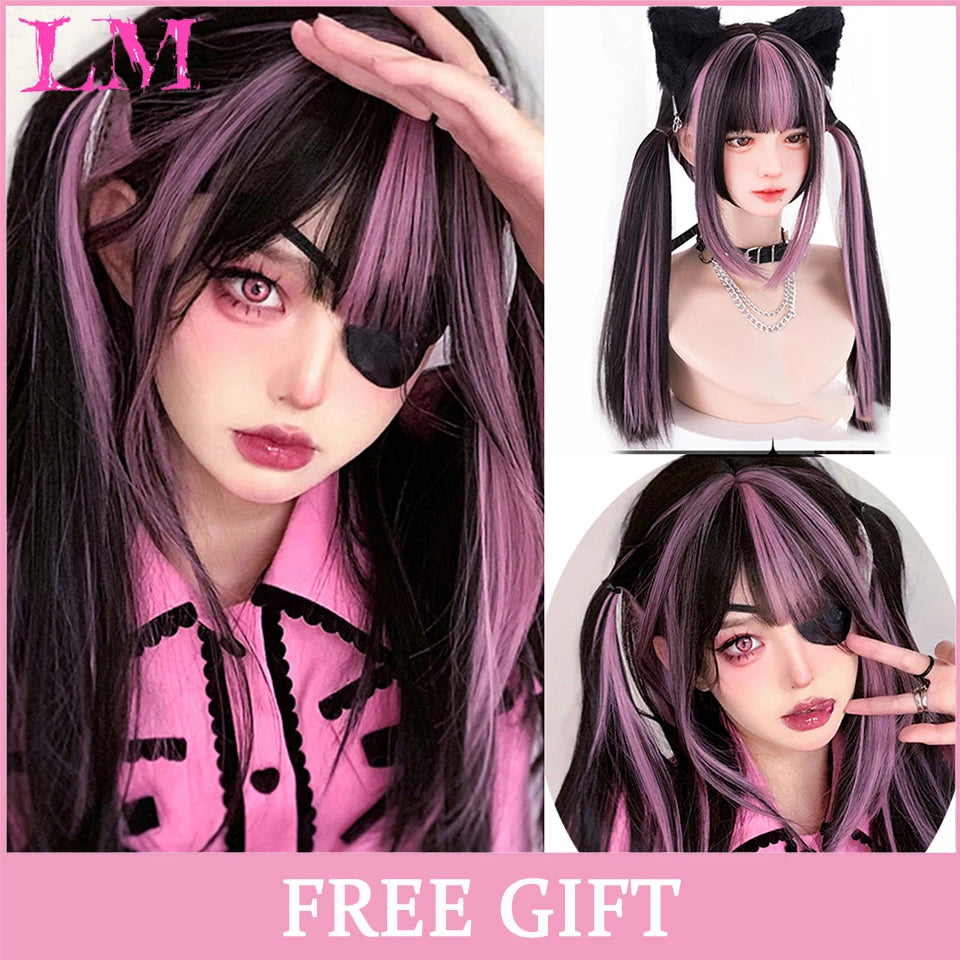 Lm Cosplay Wig Bangs Synthetic Straight Hair 24 Inch Long Heat-Resistant Pink Women