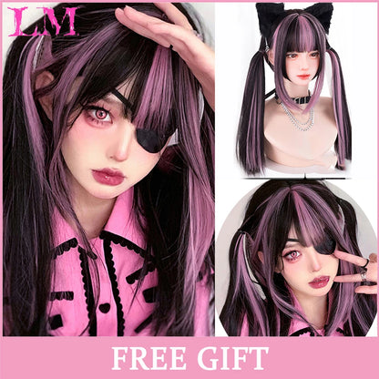 Lm Cosplay Wig Bangs Synthetic Straight Hair 24 Inch Long Heat-Resistant Pink Women