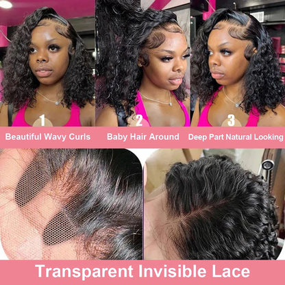 Water Wave Short Bob Wig – 4x4 & 13x4 Lace Front Human Hair, 200% & 250% Density