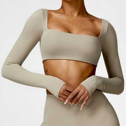 Women's Square Neck Long Sleeve Crop Top – Quick Dry Gym Sports Top