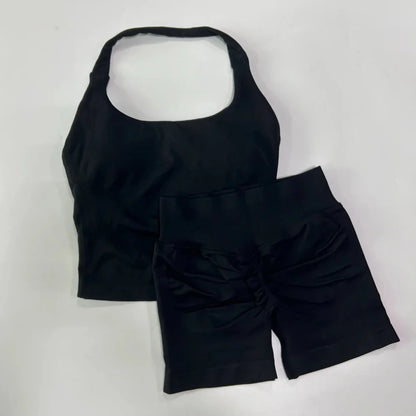 Women's 2-Piece Seamless Workout Set – Backless Tank Top & Scrunch Shorts