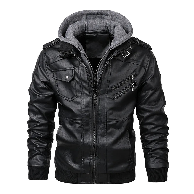 Men's PU Leather Motorcycle Jacket with Removable Hood