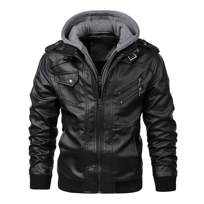 Men's PU Leather Motorcycle Jacket with Removable Hood