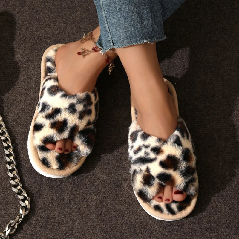 Women Fluffy Slippers Cross Band Soft Plush Cozy House Shoes Furry Open Toe Indoor Outdoor Slip Warm