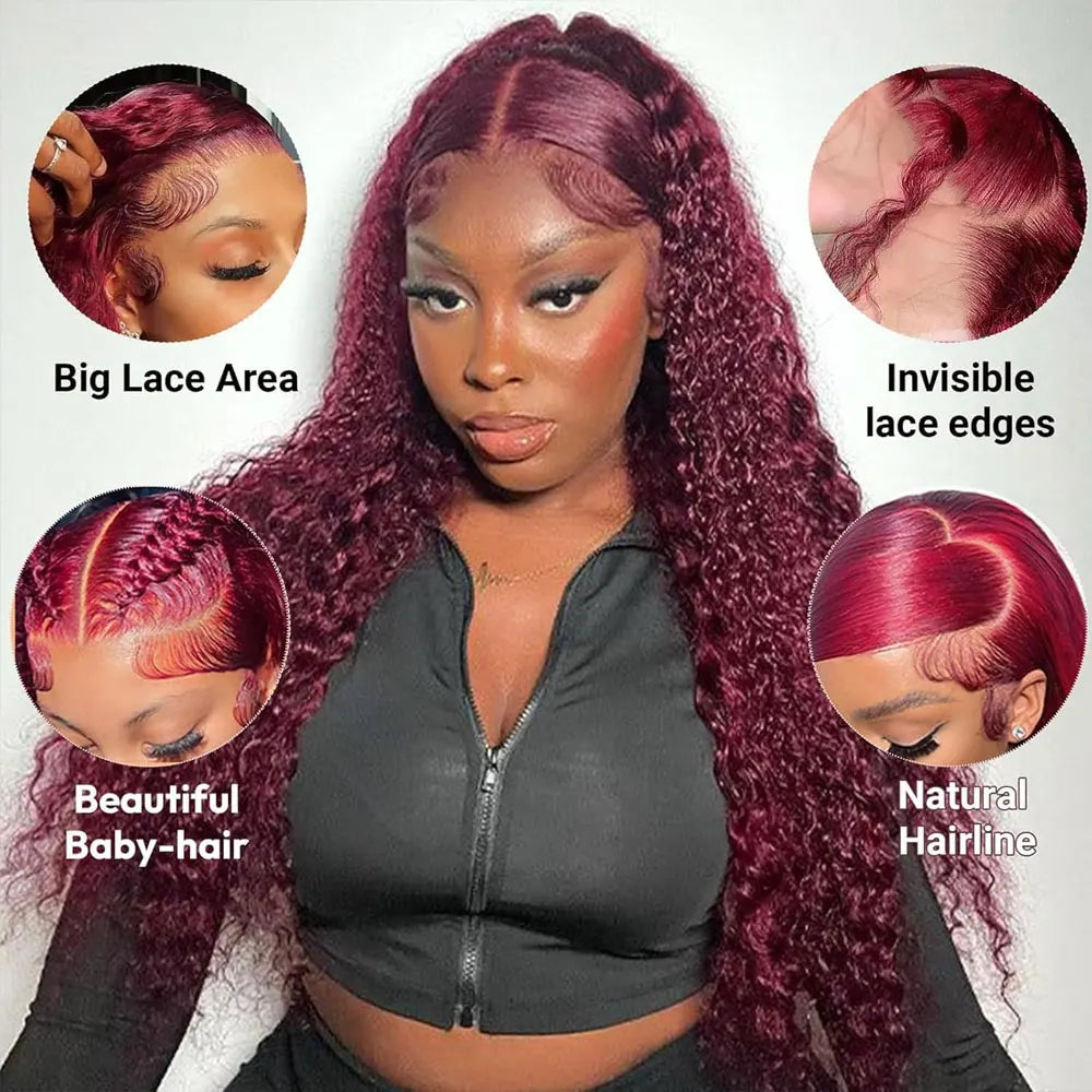 13x4 HD Lace Front Wig Burgundy 99J Deep Wave Curly Human Hair