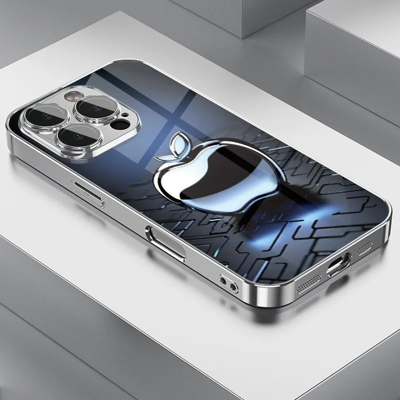Metal Technology Apple Pattern Tempered Glass Electroplated Case Iphone 17 16 Pro Max 15 14 Plus 13