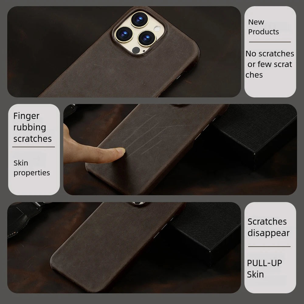 Langsidi Magsafe Case Iphone 15 16 Pro Max Retro Luxury Full Grain Cowhide Genuine Oiled Pull-Up