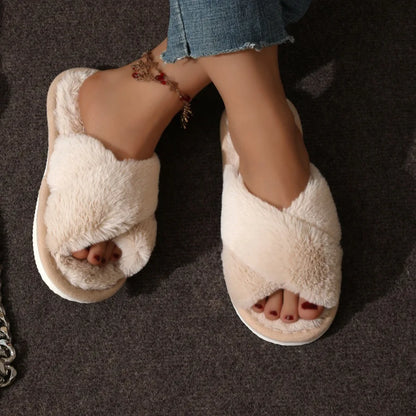 Women Fluffy Slippers Cross Band Soft Plush Cozy House Shoes Furry Open Toe Indoor Outdoor Slip Warm