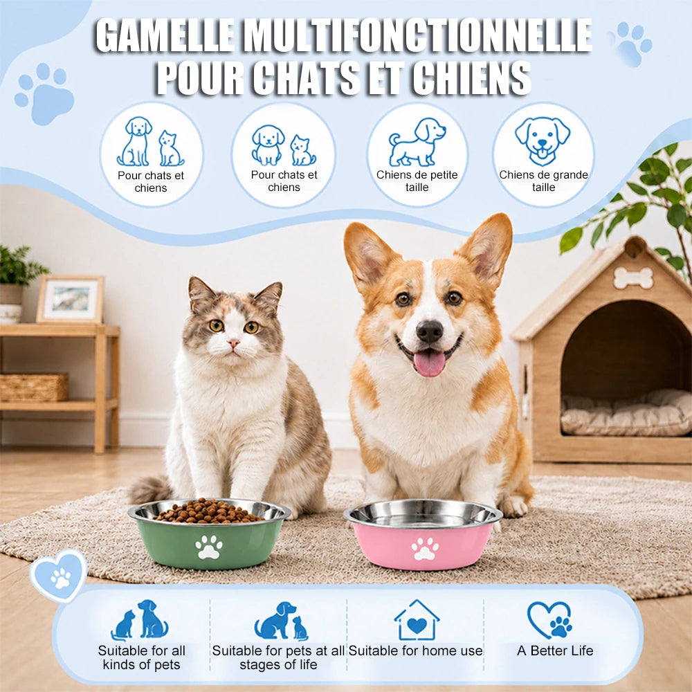 Stainless Steel Pet Bowl with Paw Print – Anti-Slip Dog & Cat Dish
