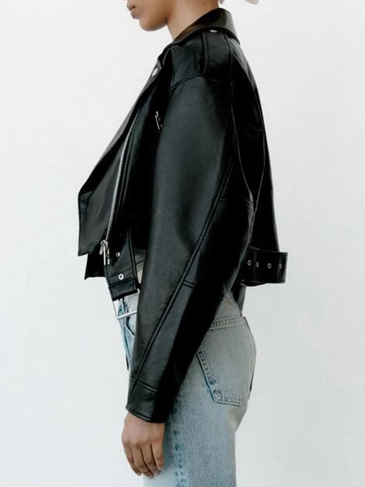 Women's Faux Leather Moto Jacket with Belt – Short Biker Style