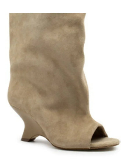 Women's Peep Toe Knee-High Boots with Slant Wedge Heel