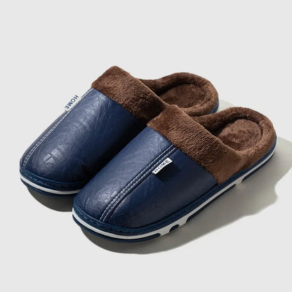 Pu Leather Plus Size Women S Slippers Indoor Waterproof Fur Flat Shoes Men Winter Home Cotton