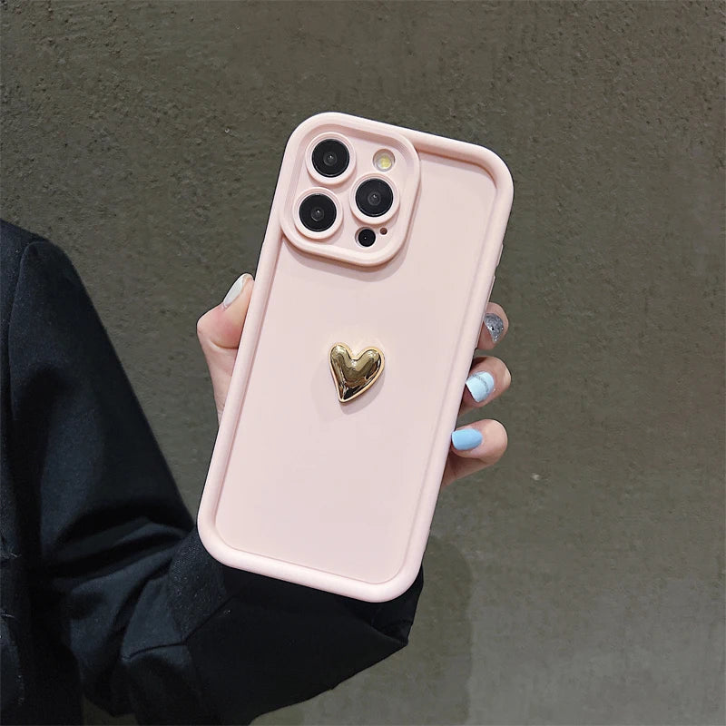 3d Gold Heart Silicone Soft Phone Case Iphone 15 14 13 12 11 16 17 Pro Max Xs Xr 7 8 Plus Se