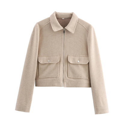 Women's Cropped Zip-Up Jacket – Short Elegant Coat with Pockets
