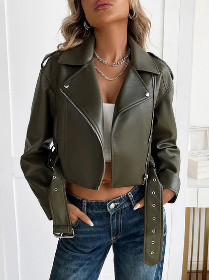 Women's Faux Leather Moto Jacket with Belt – Short Biker Style