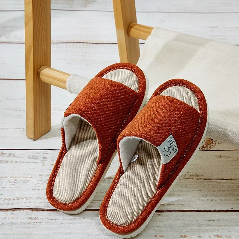 Unisex Linen Open-Toe House Slippers – Breathable Indoor Slides