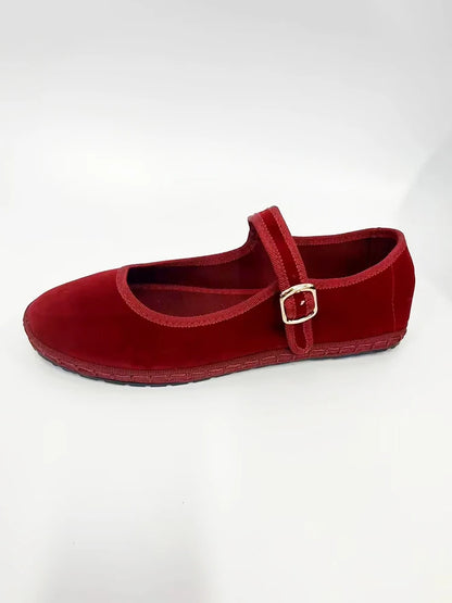 Velvet Mary Jane Flats – Women's Buckle Strap Ballet Shoes