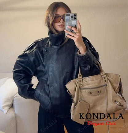 Women's Faux Leather Pilot Jacket – Zip-Up Casual Outwear for Fall & Winter