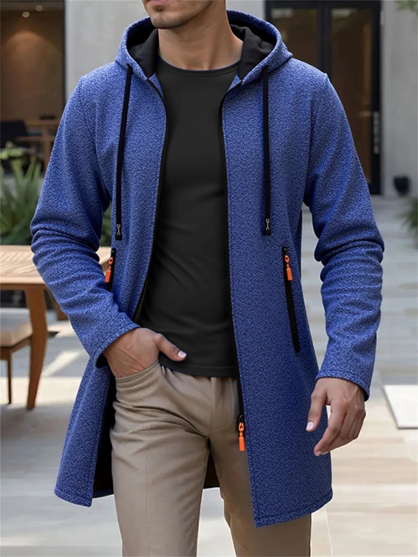 Men's Hooded Knit Cardigan Long Jacket – Casual Zip-Up Coat
