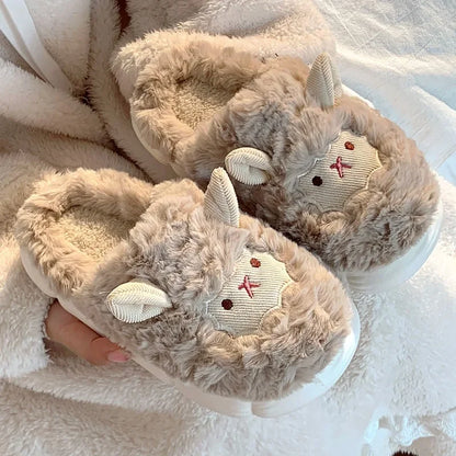 Winter Cartoon Plush Slippers Warm Fluffy Faux Fur Sheep Design Indoor Home Couple Cotton Men Women