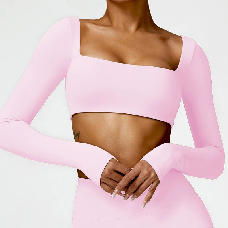 Women's Square Neck Long Sleeve Crop Top – Quick Dry Gym Sports Top