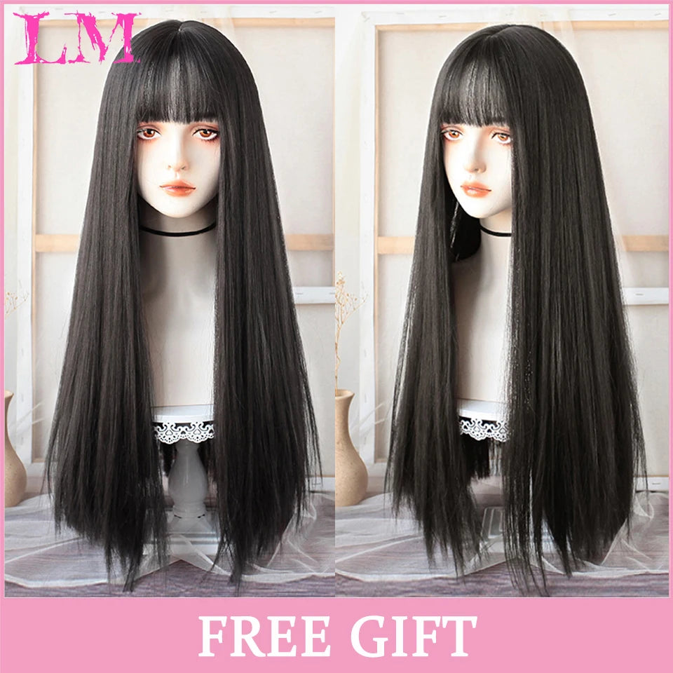 Lm Cosplay Wig Bangs Synthetic Straight Hair 24 Inch Long Heat-Resistant Pink Women