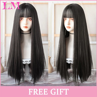 Lm Cosplay Wig Bangs Synthetic Straight Hair 24 Inch Long Heat-Resistant Pink Women