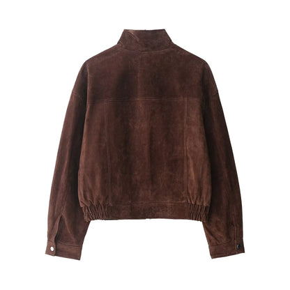 Women's Suede Bomber Jacket Elegant Slim Fit with Big Pockets