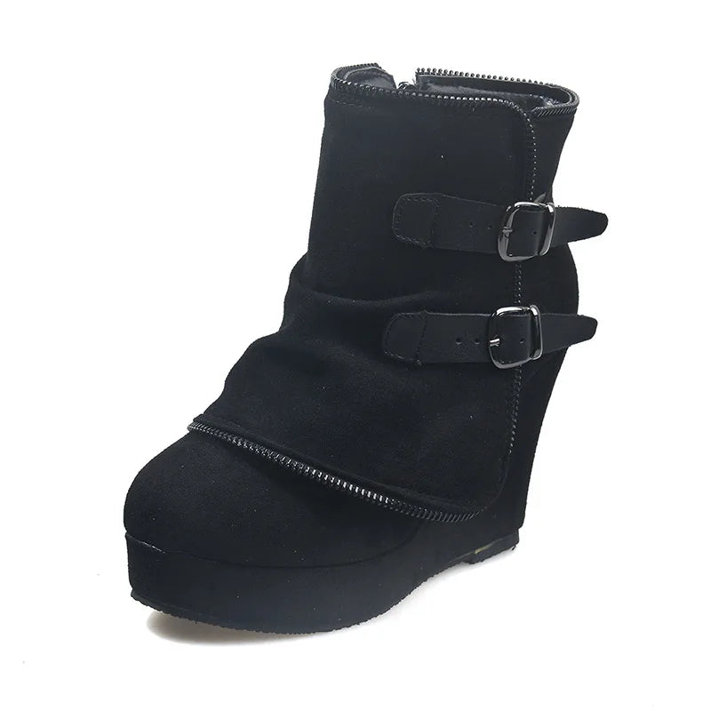 Women's Wedge Ankle Boots Retro Buckle Platform Chunky Heel Zip-Up