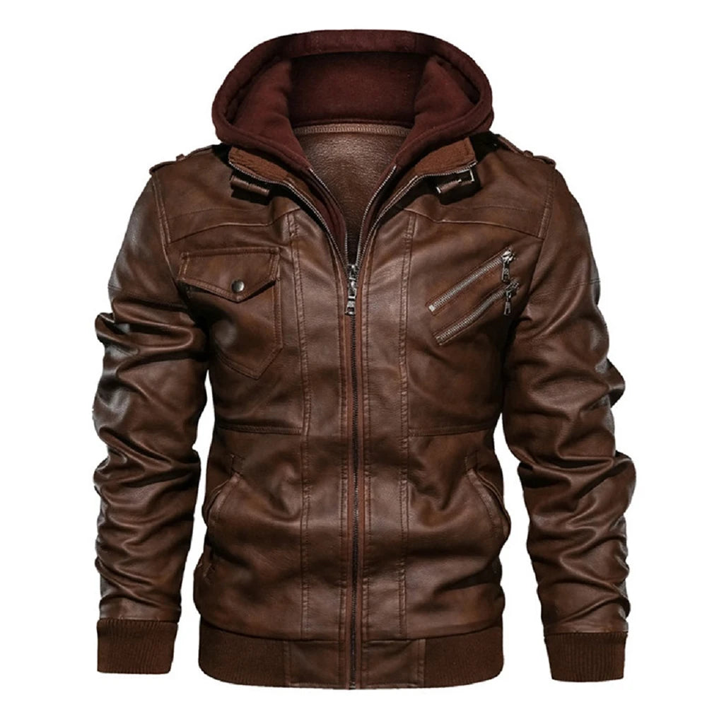 Men's PU Leather Motorcycle Jacket with Removable Hood