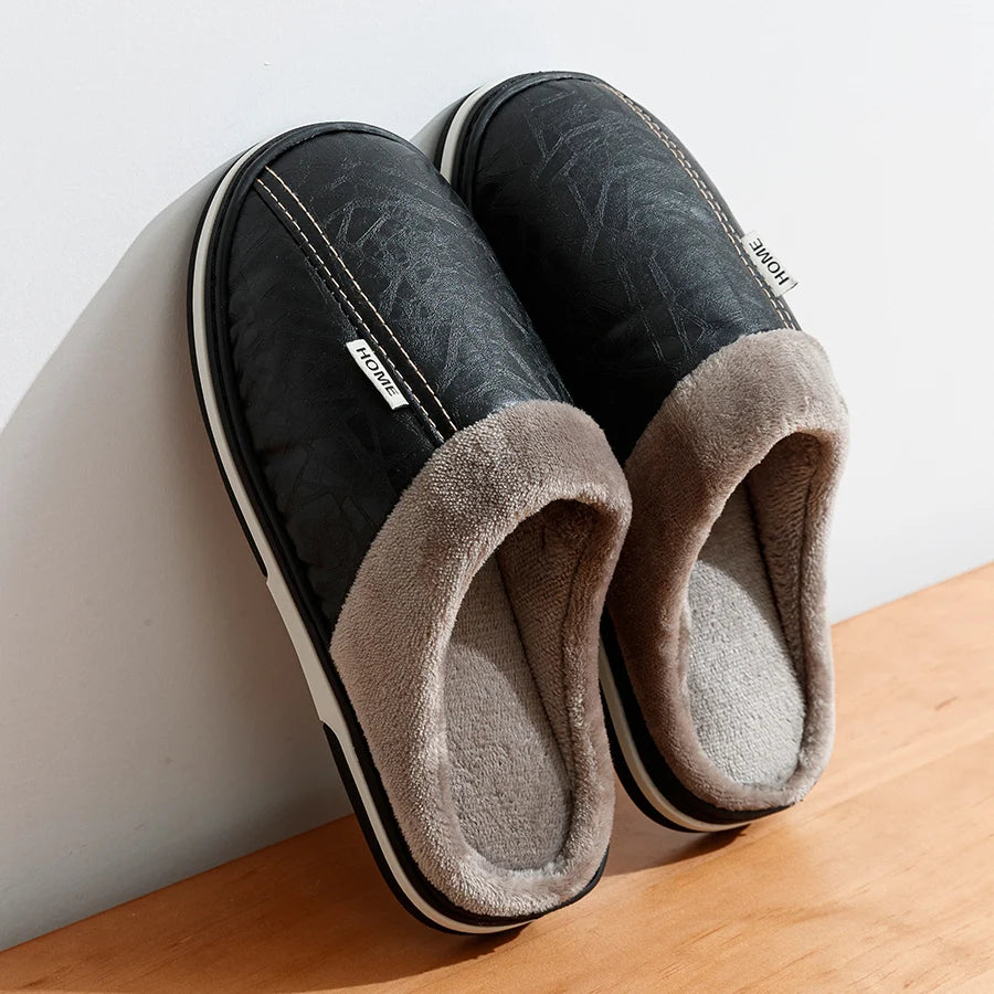 Big Size Winter Casual Men S Slippers Indoor Waterproof Pu Leather Home Shoes Fur Flat Warm Bedroom