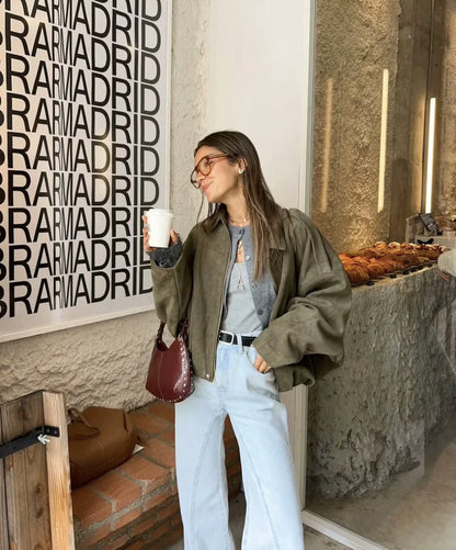 Women's Oversized Suede Texture Bomber Jacket