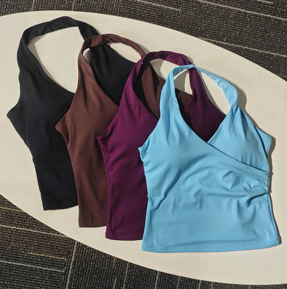 Women's Halter Neck Yoga Sports Bra – V-Neck Fitness Crop Top