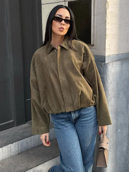 Women's Suede Bomber Jacket – Vintage Loose Zip-Up Coat with Lapel Collar