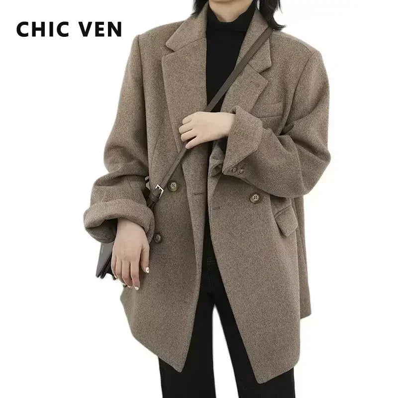 Women's Wool Blend Mid-Length Coat – Office Blazer Overcoat