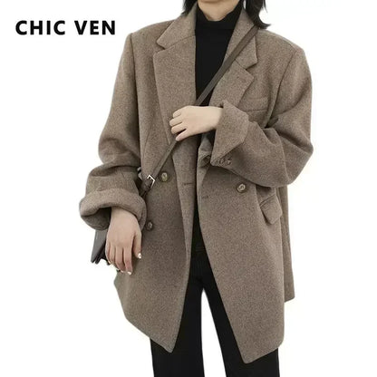 Women's Wool Blend Mid-Length Coat – Office Blazer Overcoat